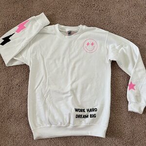 White Sweatshirt with Pink and Black Graphics
